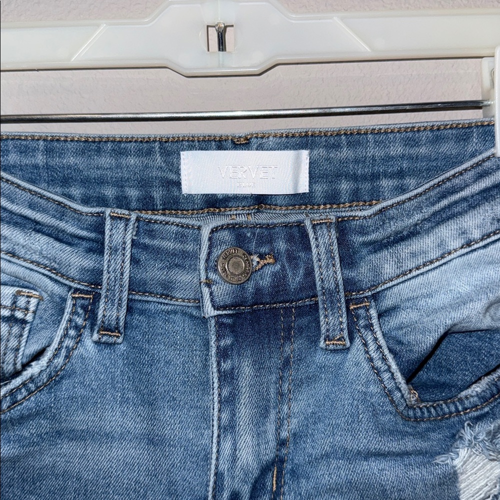 Vervet Denim Distressed Flare Jeans with Raw Hem - Picture 2 of 15